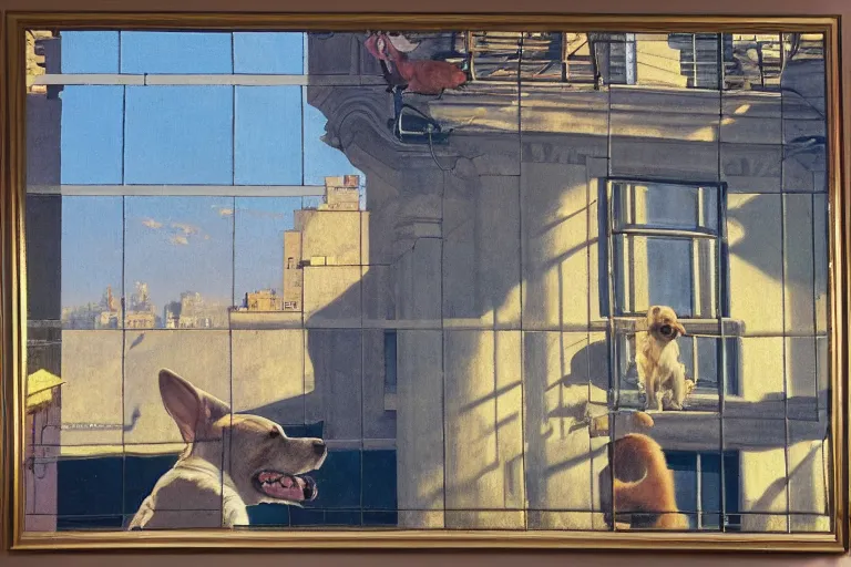 Prompt: painting of a dog, in a rooftop, watching new york, beautiful, sunset, romantic, by ludwig deutsch and maxfield parrish, patterned tilework, extremely detailed, cinematic lighting, smooth sharp focus