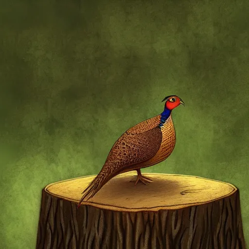 Prompt: pheasant sits on a stump with sword, in deep forest, by rivuletpaper, rivuletpaper art, Mouse Guard by David Petersen, mouse photo, small details, realistic illustration,