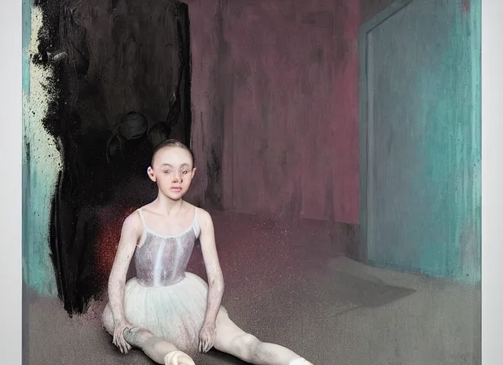 Image similar to portrait of nervous young girl ballerina sitting on the floor focusing in a dance hall by beeple and hernan bas and francis bacon and pat steir and hilma af klint, psychological, photorealistic, symmetrical face, dripping paint, washy brush, matte painting, rendered in octane, altermodern, masterpiece