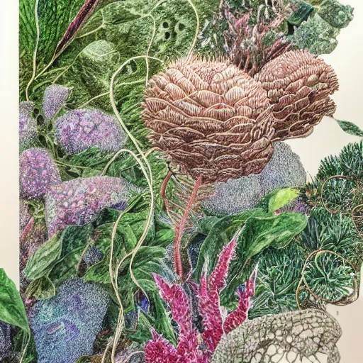 Image similar to delicate coastline garden on paper, spirals, stony, puffy, vines, botanical herbarium, botanic watercolors, iridescent, 8 k wide angle, realistic shaded, fine details, artstation, italian, rainbow, colonnade, oak, pinecone, pomegranade, vines, gardena architecture, pompeian, sicilian