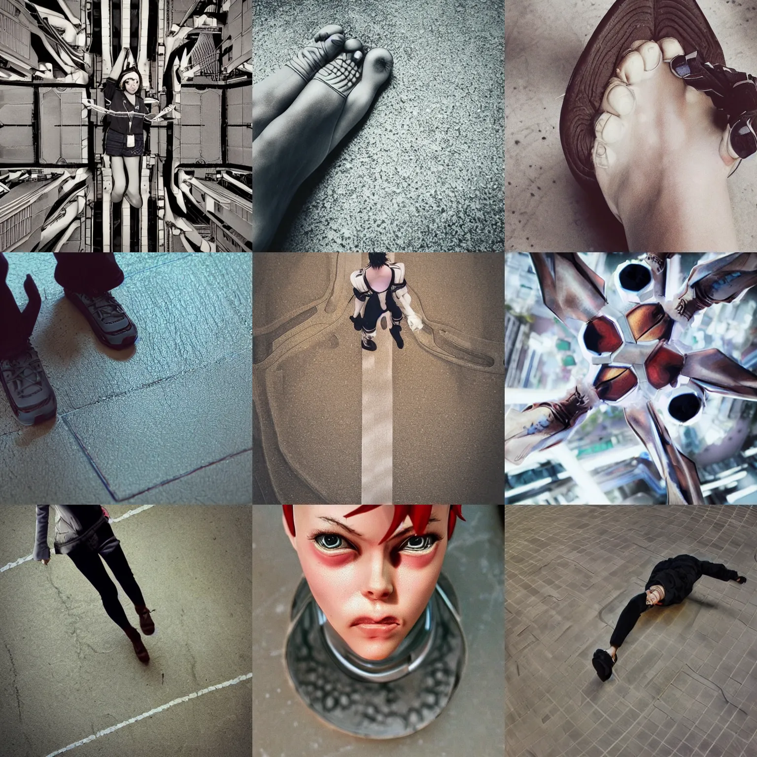Prompt: beautiful overhead perspective extreme closeup portrait photo in style of 1990s frontiers in 1/6 scale art figure model retrofuturism french seinen manga street fashion photography wachowski edition, focus on feet, eye contact, highly detailed, soft lighting