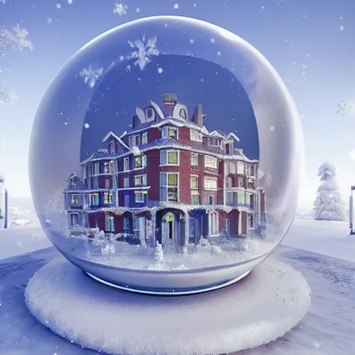 Prompt: a snow globe with a building in it, a computer rendering by leandro erlich, trending on cgsociety, retrofuturism, tesseract, isometric, physically based rendering