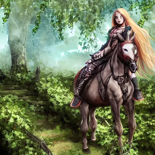 Image similar to Young woman sitting on horse skeleton covered with ivy, rpg, dnd, 4k