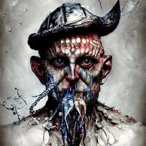 Image similar to mutant fishman sailor old man with gills and scales and barnacles, creatures from the deep ocean by emil melmoth zdzislaw beksinki craig mullins yoji shinkawa realistic render ominous detailed photo atmospheric by jeremy mann francis bacon and agnes cecile ink drips paint smears digital glitches glitchart