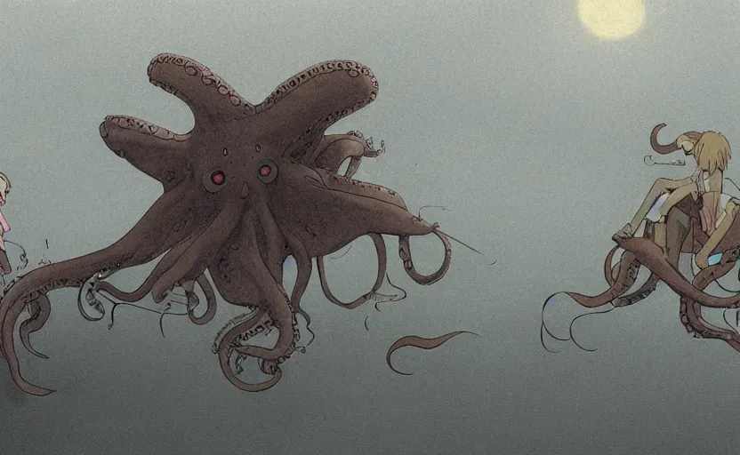 Image similar to a realistic cell - shaded studio ghibli concept art from paprika ( 2 0 0 6 ) of a flying multi - colored octopus from close encounters of the third kind ( 1 9 7 7 ) and a grey long - haired witch in a flooded stonehenge on a misty starry night. very dull colors, wide shot, hd, 4 k, hq