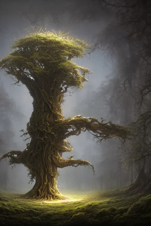 Prompt: a centered render of an ancient tree covered in bio - organic micro organisms growing in a mystical setting, cinematic, beautifully lit, by tomasz alen kopera and peter mohrbacher and craig mullins, 3 d, trending on artstation, octane render, 8 k