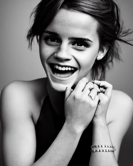 Image similar to A photo of laugh emma watson. she has wedding ring on his fingers. 50 mm. perfect ring. award winning photography