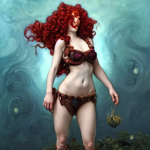 Prompt: Piranha Plantette Super Crown Girl with red curly hair drawn by Donato Giancola and Tom Bagshaw, face by Artgerm, overall design by Alphonse Mucha, background by James Jean and Gustav Klimt, light by Julie Bell, 4k, porcelain skin, komorebi, french nouveau, trending on artstation, octane render, hyperrealistic