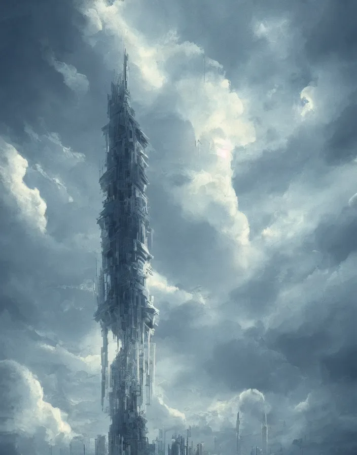 Image similar to painting of a tall tower that reaches beyond the clouds, intricate abstract. delicate artwork. by Tooth Wu, wlop, beeple, dan mumford. octane render, trending on artstation, greg rutkowski very coherent symmetrical artwork. cinematic, hyper realism, high detail, octane render, 8k, depth of field, bokeh. chrome accents.