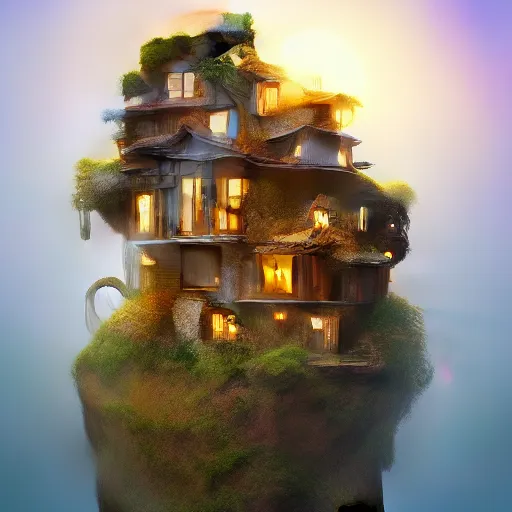 Image similar to ! dream small hillside house made of honey and milk, modern lighting, hyper - realistic, hyper - detailed, 8 k, octane rendered, art nouveau, organic, flowing, impossible torsion, writhing, dusk, lush, dynamic, in the style of ross tran and jean baptiste monge