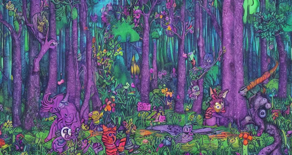 Image similar to A dense and dark enchanted forest with a swamp, by Lisa Frank,