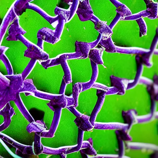 Prompt: wide shot several green and violet poisonous spiked vines with edgy leaves, grow from a pot, on wooden table in the ray of sunshine in greenhouse, sharp focus, high detailed, calm, warm lighting, by Rutkowsky