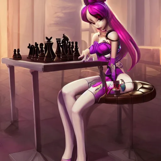 Image similar to Jinx (from league of legends) sitting by a table playing chess, Artgerm, trending