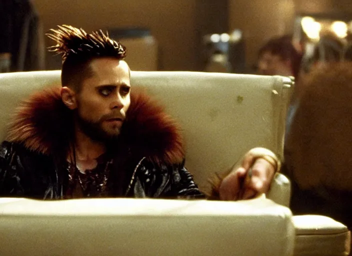 Prompt: film still of Jared Leto as Tyler Durden wearing big fur coat in Fight Club 1999