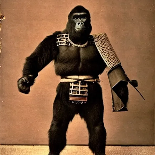 Image similar to “gorilla in full samurai outfit, 1900’s photo”