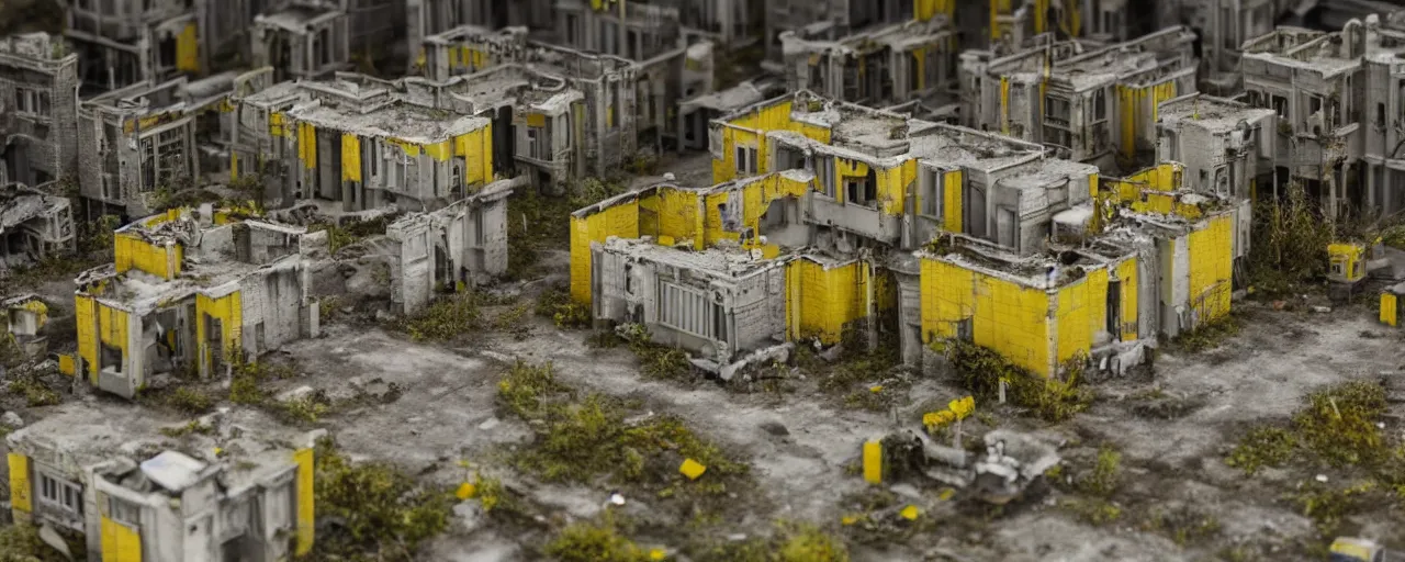 Image similar to mega detailed miniature voxel diorama abandoned research facility, brutalism architecture, tilt shift suburban, hard lights are on in the windows, dark night, fog, winter, blizzard, uncozy and not peaceful atmosphere, row of street lamps with cold yellow light, several ruins nearby, cold war era 1 9 6 0