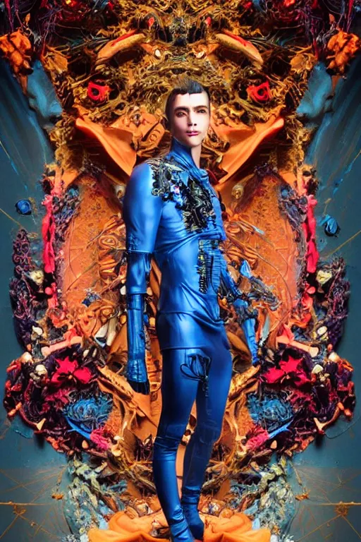 Image similar to full-body cyberpunk style sculpture of a young handsome Colombian prince half android with a chest opening exposing circuitry and electric sparks, glowing pink eyes, crown of blue flowers, flowing salmon-colored silk, fabric, raptors. baroque elements. full-length view. baroque element. intricate artwork by caravaggio. many many birds birds on background. Trending on artstation, octane render, cinematic lighting from the right, hyper realism, octane render, 8k, depth of field, 3D