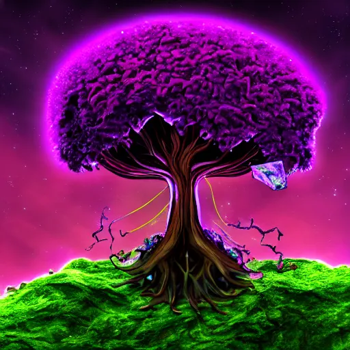 Prompt: a crazy alien tree with purple leaves and glowing green crystal fruit, cinematic, realistic cartoon