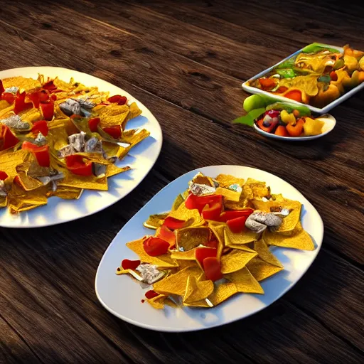 Prompt: photorealistic plate of nachos. hyperdetailed photorealism, 1 0 8 megapixels, amazing depth, rich colors, powerful imagery, 3 d finalrender, 3 d shading, cinematic lighting, artstation concept art