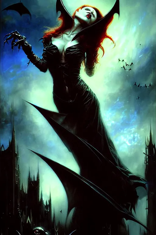 Prompt: evil female vampire, highly detailed, realistic style. night sky with bats. by raymond swanland, gaston bussiere, simon bisley