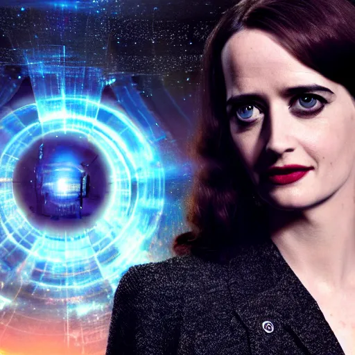 Prompt: a full body photograph of eva green as'doctor who ', time vortex in the background, detailed face, symmetrical face, extreme realism and detail, 8 k, completely framed, direct lighting, 3 5 mm photo, photorealistic, sharp focus