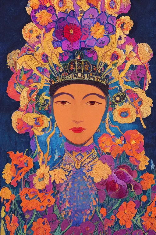 Image similar to queen of flowers, by Tino Rodriguez and Annie Swynnerton, and Nicholas Roerich, elaborate headdress and embroidered velvet, iridescent beetles, rich color, dramatic cinematic lighting, extremely detailed