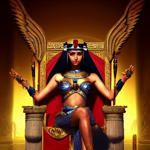 Prompt: Cleopatra on her throne, beautiful eyes, full body, fantasy, beautiful face, medieval, vivid colors, elegant, concept art, sharp focus, digital art, Hyper-realistic, 4K, Unreal Engine, Highly Detailed, HD, Dramatic Lighting by Brom, trending on Artstation