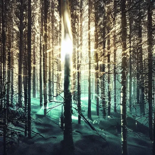 Image similar to bright nordic forest, sparkling spirits, detailed wide shot, ink, ground detailed, wet eyes reflecting into eyes reflecting into infinity, beautiful lighting