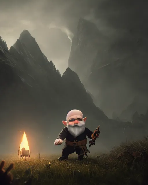 Image similar to bald gnome big white beard, dagger, bomb, running, field, angry, hyper realism, cinematic, volumetric lighting, high detail, octane render, unreal engine, 8 k, depth of field, concept art, dnd, digital art, deviantart artstation, extremely detailed, very sharp, in the style of greg rutkowski