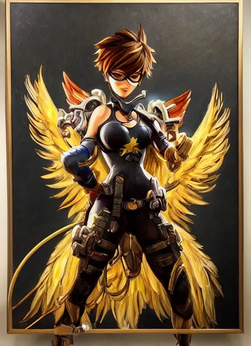 Image similar to full body oil painting of tracer overwatch in the style of frank frazetta, angel wings, dramatic painting, symmetrical composition, ornate, golden chains, silky garment, high detail, gold detailed collar!!!!!, blooming, angelic, lights, flowers, heavenly, bright, detailed face,