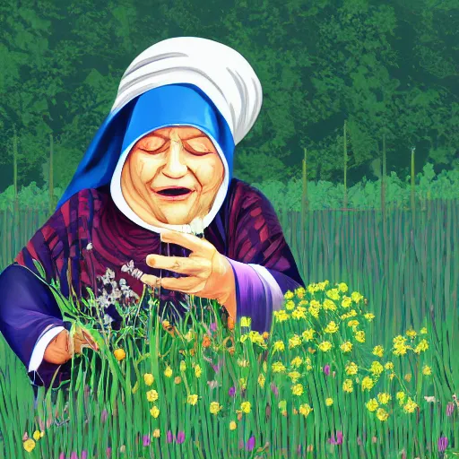 Image similar to a babushka playing drums in a field full of herbs, digital art