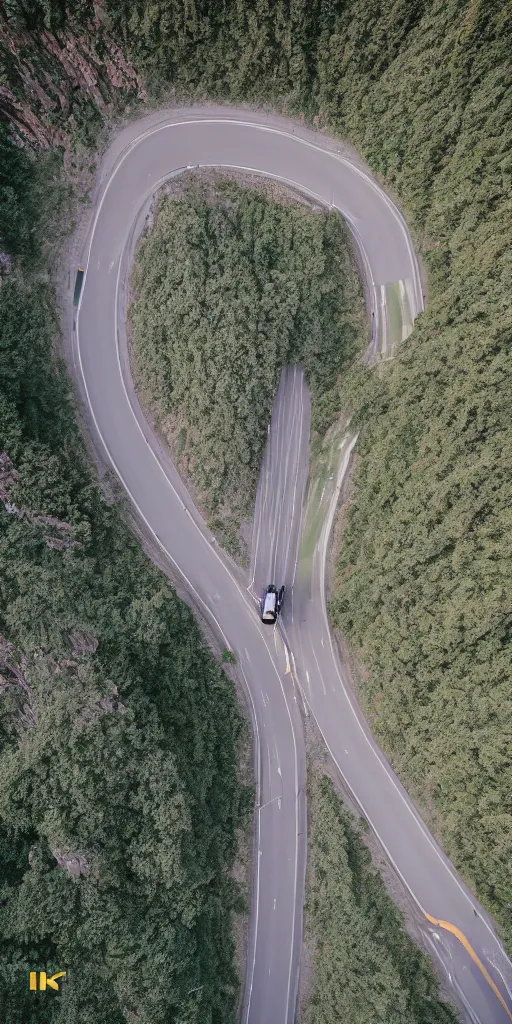 Image similar to detailed dji mavic flying over a mountain road, photo, kodak portra 4 0 0, direct flash, cinematic lighting, anti aliasing