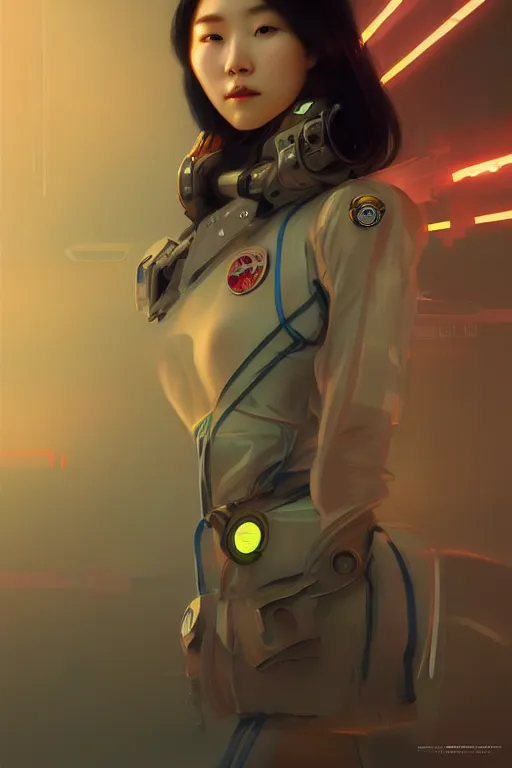 Image similar to portrait futuristic korean Airforce Girl, inside future fighter, ssci-fi, fantasy, intricate, very very beautiful, elegant, human anatomy, neon light, highly detailed, digital painting, artstation, concept art, smooth, sharp focus, illustration, art by tian zi and WLOP and alphonse mucha