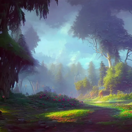 Prompt: a very beautiful scenic view, simple, consistent and high quality rose painting by tyler edlin, ivan shishkin, anton fadeev and Andreas Rocha, #vfxfriday, vivid, velvia, hyper realistic, wide angle, detailed, masterpiece, 8k resolution, matte painting, trending on artstation