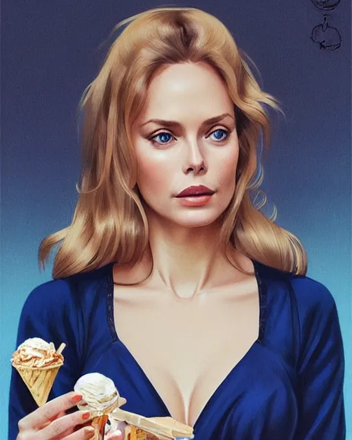 Image similar to portrait of a blonde fuller figured barbara bach from the bond film wearing a dark blue jumpsuit and eating ice creams in porto, real life skin, intricate, elegant, highly detailed, artstation, concept art, smooth, sharp focus, art by artgerm and greg rutkowski and alphonse mucha