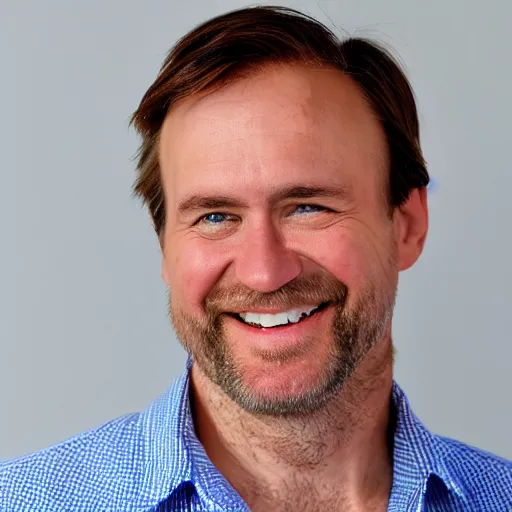 Image similar to color photograph of a balding, middle aged, brown haired, hairy, blue eyed, round faced, short white man dressed in a white shirt, smiling at the camera with perfect, straight white teeth