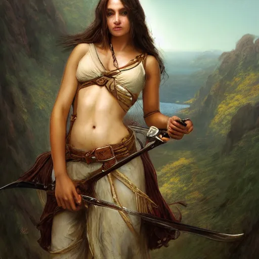 Image similar to artstation concept of a beautiful girl holding a sword in both hands, brown skin, sweaty skin, symmetrical face, casual white garment, brown canyon background, shiny colorful, hyperdetailed, artstation trending, world renowned artists, worth1000.com, historic artworks society, antique renewel, cgsociety, by greg rutkowski, by Gustave Dore, Deviantart