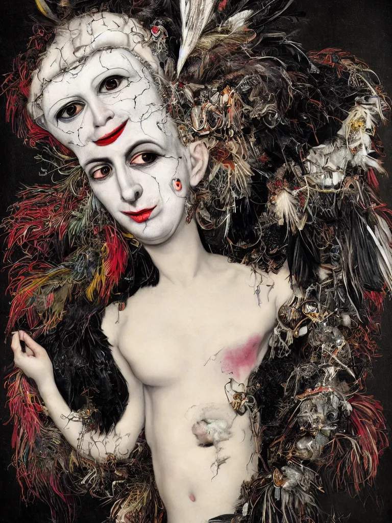 Prompt: Detailed maximalist portrait of a clown with cracked porcelain skin, dark doe eyes, a mouth like PJ Harvey, surrounded by black feathers and milk droplets, HD mixed media, 3D collage, highly detailed and intricate, surreal illustration in the style of Caravaggio, dark art, baroque