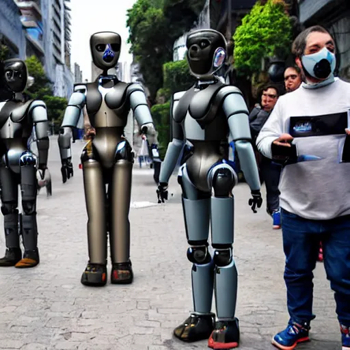 Image similar to Humanoid robots in the streets of Buenos Aires, helping people find their way, on the sidewalk