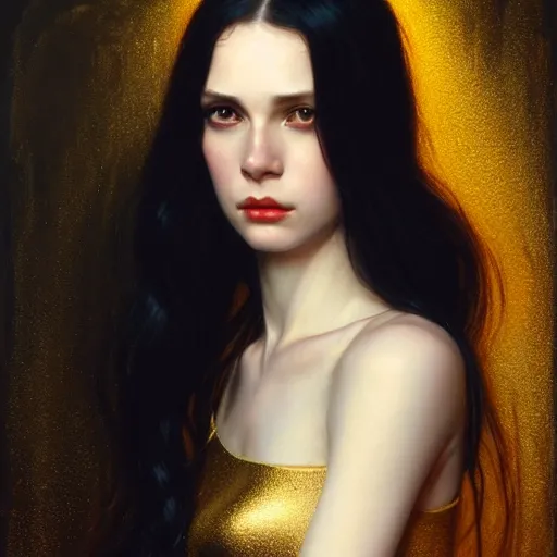 Image similar to Portrait of a beautiful pale skin Eastern European female with long black hair, dark eyes, elegant clothing, photorealistic, highly detailed, artstation, smooth, sharp focus, gold ornaments, neon lighting, sci-fi, art by Klimt, artgerm, Greg Rutkowski and Alphonse Mucha