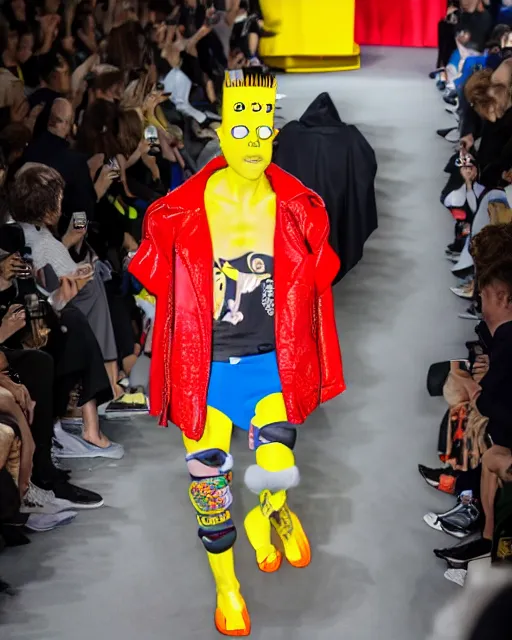 Image similar to hyperrealistic and heavy detailed balenciaga runway show of bart simpson , Leica SL2 50mm, vivid color, high quality, high textured