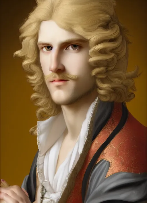 Image similar to portrait of a blond handsome man with long hair in baroque art, anime inspired, High Res 8K,hyperdetailed