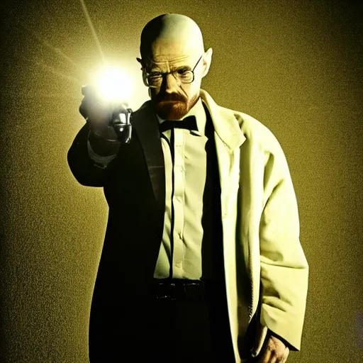 Image similar to walter white in a white suit, holding a pistol, cinematic still, dramatic lighting, harsh light and shadows