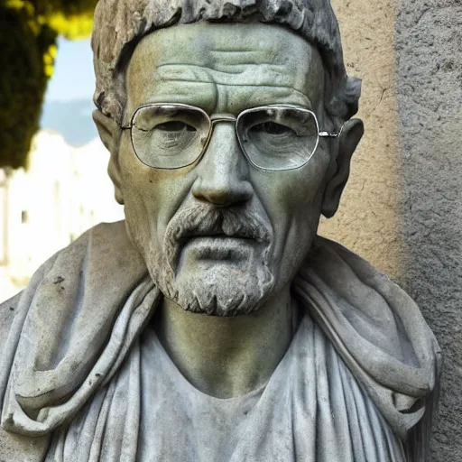 Prompt: an ancient Roman Statue of Walter White aka Heisenberg, made of stone, antiquity, beautiful stonework, high detail