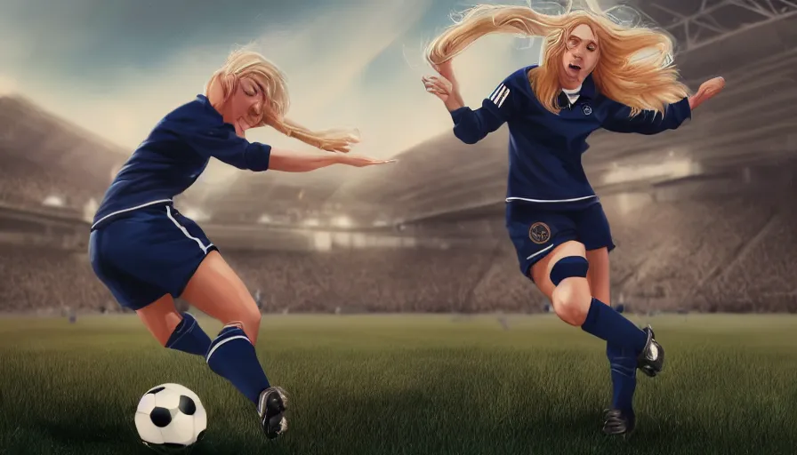 Prompt: blonde female in a navy sailor uniform kicking a soccer ball into a soccer goal and the crowd goes wild, digital painting, macro lens, highly detailed, digital painting, trending artstation, concept art, illustration, cinematic lighting, vibrant colors, photorealism, epic, octane render