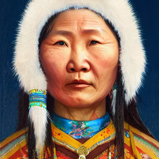 Image similar to portrait of an asian yakuts woman ( 3 5 ) from yakutia, sakha republic, russia in 2 0 2 1, an oil painting by ross tran and thomas kincade
