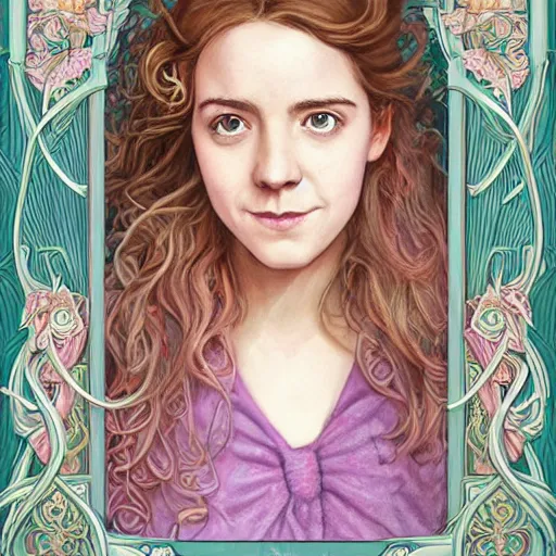 Prompt: Hermione Granger reading a book, symmetrical face, art nouveau, portrait, cute, playful, fairy, harper's bazaar, pearlescent, detailed background, featured on artstation, by Daniel Gerhartz, by ross tran, bright pastel colors, face by artgerm, by Kelly McKernan, by Charlie Bowater, by Laura rubin, 8k