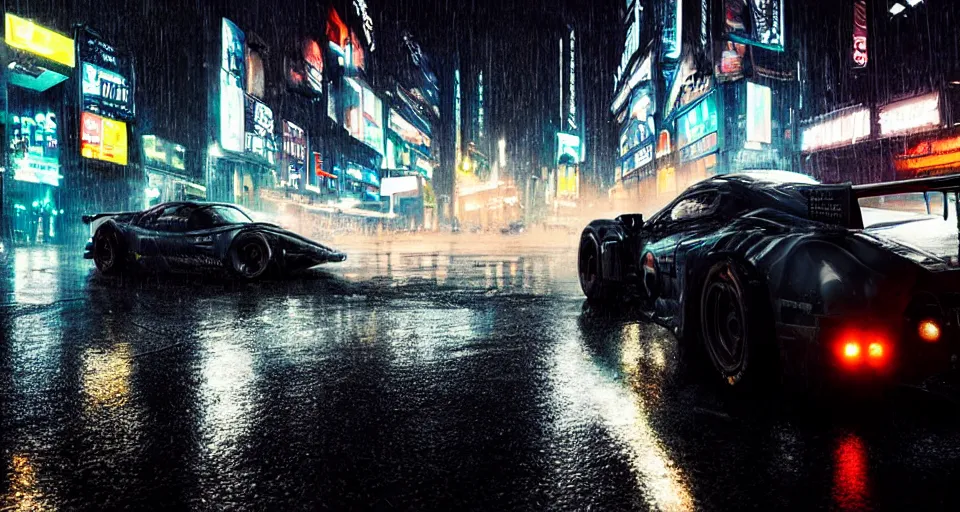 Image similar to close up macro shot of a racing car on wet city street at night, intricate, hyper detailed, smooth, high contrast, neon, volumetric lighting, octane, moebius, greg rutkowski, blade runner, ripley scott, cindmatic