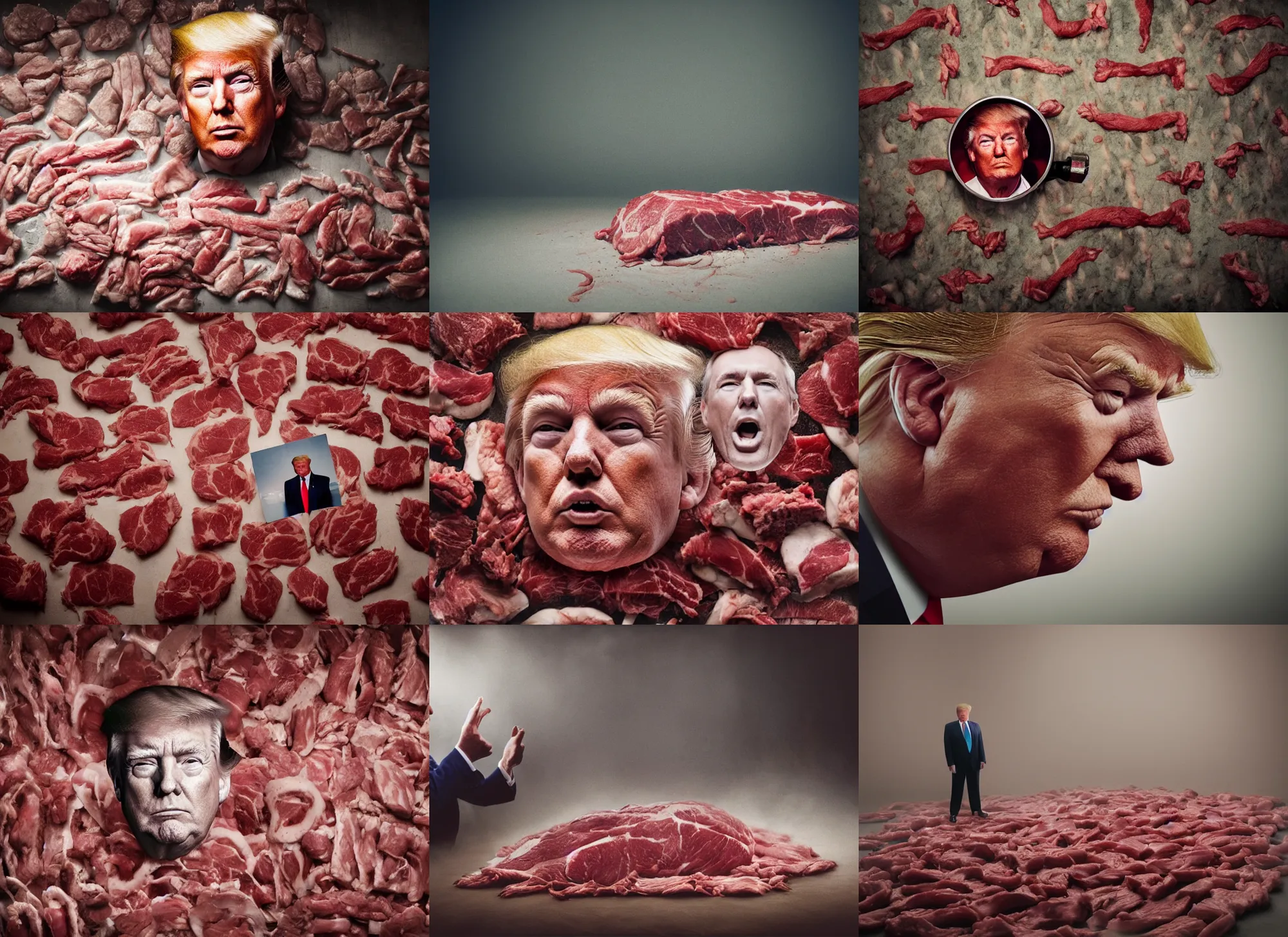 Prompt: macro head shot of donald trump and a room made of full of raw meat on butchery floor, cinematic focus, polaroid photo, vintage, neutral dull colors, soft lights, foggy mist, by oleg oprisco, by thomas peschak, by discovery channel, by victor enrich, by gregory crewdson