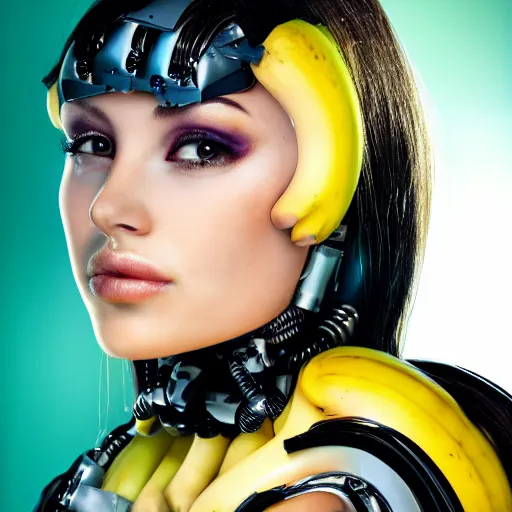 Prompt: portrait photo of a beautiful female cyborg she is a banana!!!